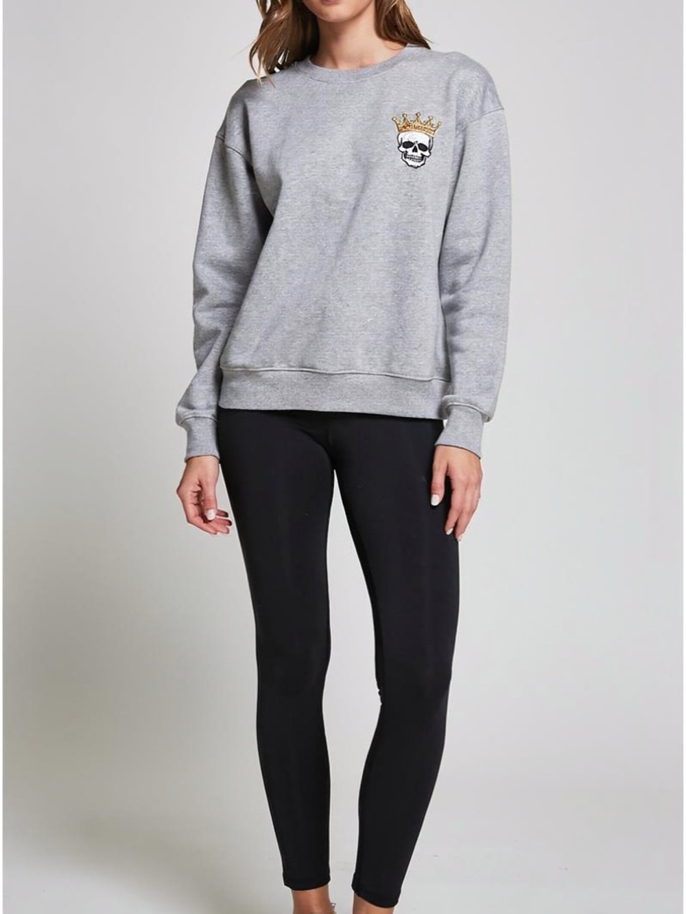 Bella + Canvas Grey Heather Embroidered Skull Pullover Sweatshirt